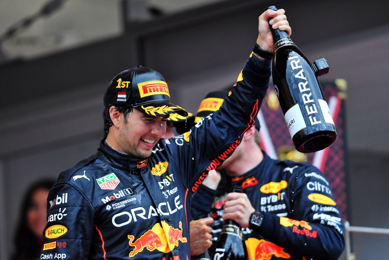 Sergio Perez celebrating his win at the Monaco Grand Prix