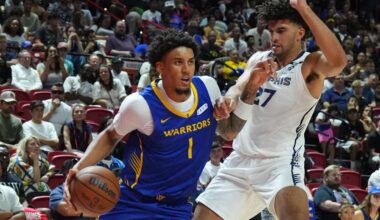 LAS VEGAS, NV - JULY 19: Yaxel Lendeborg #1 of the Golden State Warriors is guarded by Cameron Boozer #27 of the Memphis Grizzlies during the 2026 NBA Summer League Championship on July 19, 2026 at the Thomas & Mack Center in Las Vegas, Nevada. (Photo by Candice Ward/NBAE via Getty Images)