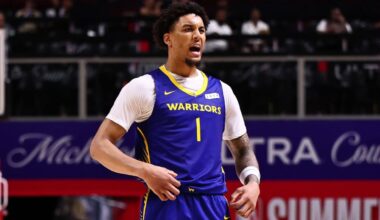 LAS VEGAS, NV - JULY 19: Yaxel Lendeborg #1 of the Golden State Warriors reacts during the game against the Memphis Grizzlies during the 2026 NBA Summer League Championship on July 19, 2026 at the Thomas & Mack Center in Las Vegas, Nevada. (Photo by Mike Kirschbaum/NBAE via Getty Images)
