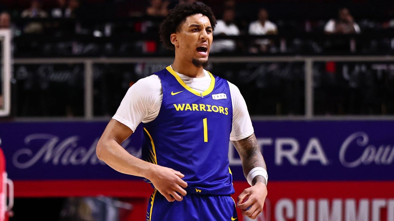 LAS VEGAS, NV - JULY 19: Yaxel Lendeborg #1 of the Golden State Warriors reacts during the game against the Memphis Grizzlies during the 2026 NBA Summer League Championship on July 19, 2026 at the Thomas & Mack Center in Las Vegas, Nevada. (Photo by Mike Kirschbaum/NBAE via Getty Images)