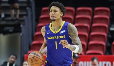 LAS VEGAS, NEVADA - JULY 09: Yaxel Lendeborg #1 of the Golden State Warriors brings the ball up the court against the in the first half of a 2026 NBA Summer League game at the Thomas & Mack Center on July 09, 2026 in Las Vegas, Nevada. (Photo by Ethan Miller/Getty Images)