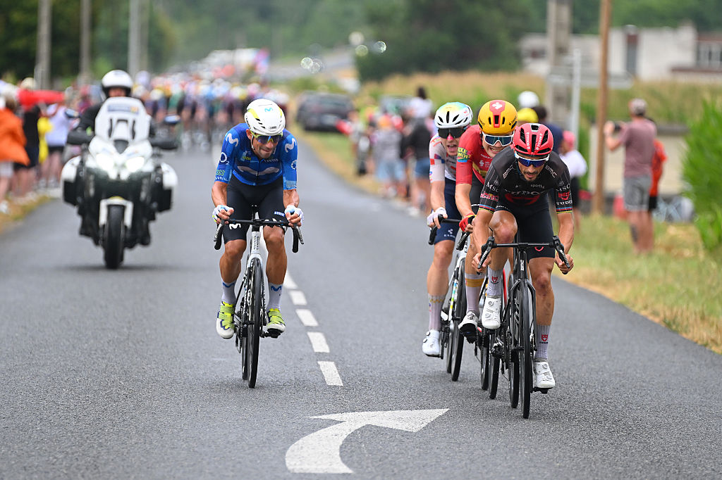 NEVERS, FRANCE - JULY 15: (L-R) Nelson Oliveira of Portugal and Team Movistar, Mathis Le Berre of France and Team TotalEnergies, Anthon Charmig of Denmark and Team Uno-X Mobility and Julian Alaphilippe of France and Team Tudor Pro Cycling compete during the 113th Tour de France 2026, Stage 11 a 161.3km stage from Vichy to Nevers / #UCIWT / on July 15, 2026 in Nevers, France. (Photo by Tim de Waele/Getty Images)