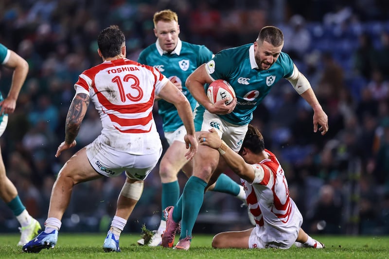 Stuart McCloskey is tackled during Ireland's defeat of Japan at McDonald Jones Stadium in Newcastle, Australia on July 11th. Photograph: Ben Brady/Inpho