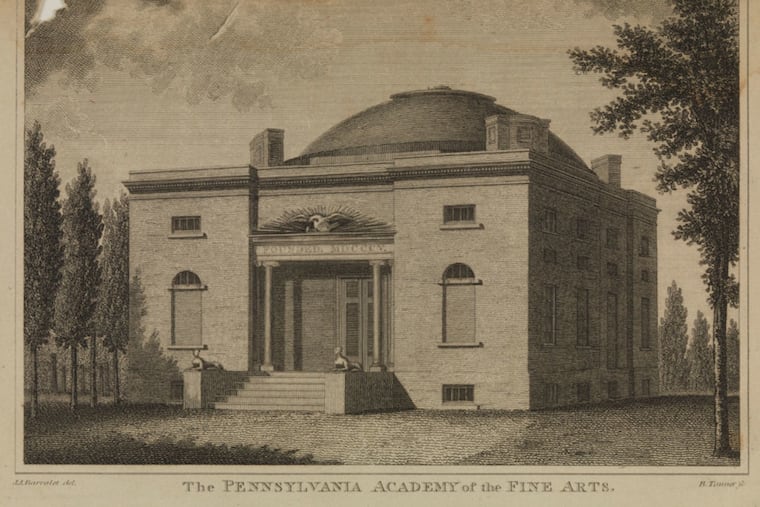 A sketch of the first Pennsylvania Academy of Fine Arts Building shortly after it was built in the spring of 1806. It was located on Chestnut Street between 10th and 11th Streets.