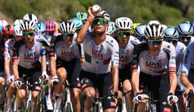 UAE Team Emirates during stage 2 of the Tour de France, Del Toro dousing himself with water