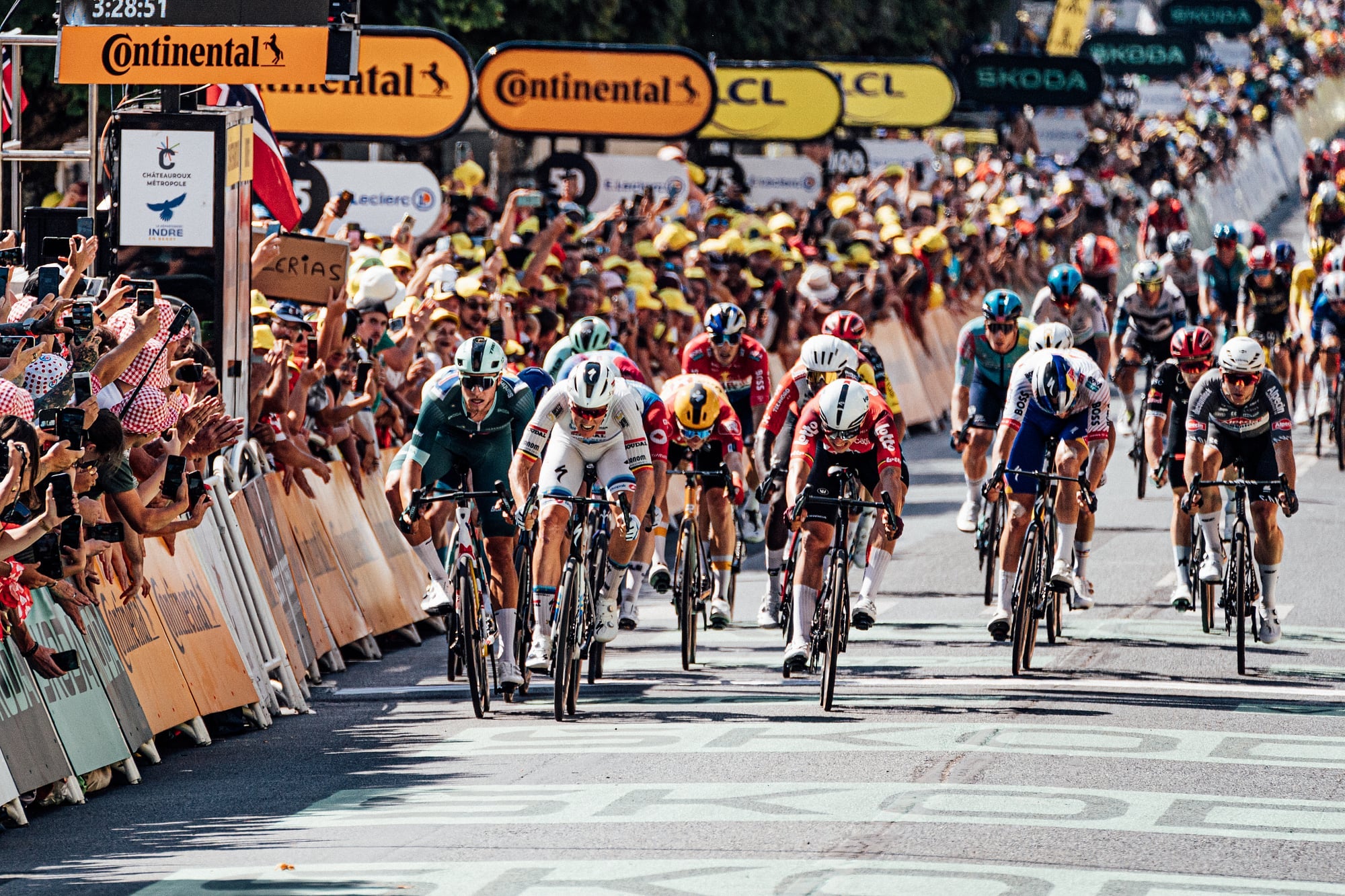 Sprinters contest a bunch finish at the 2025 Tour de France