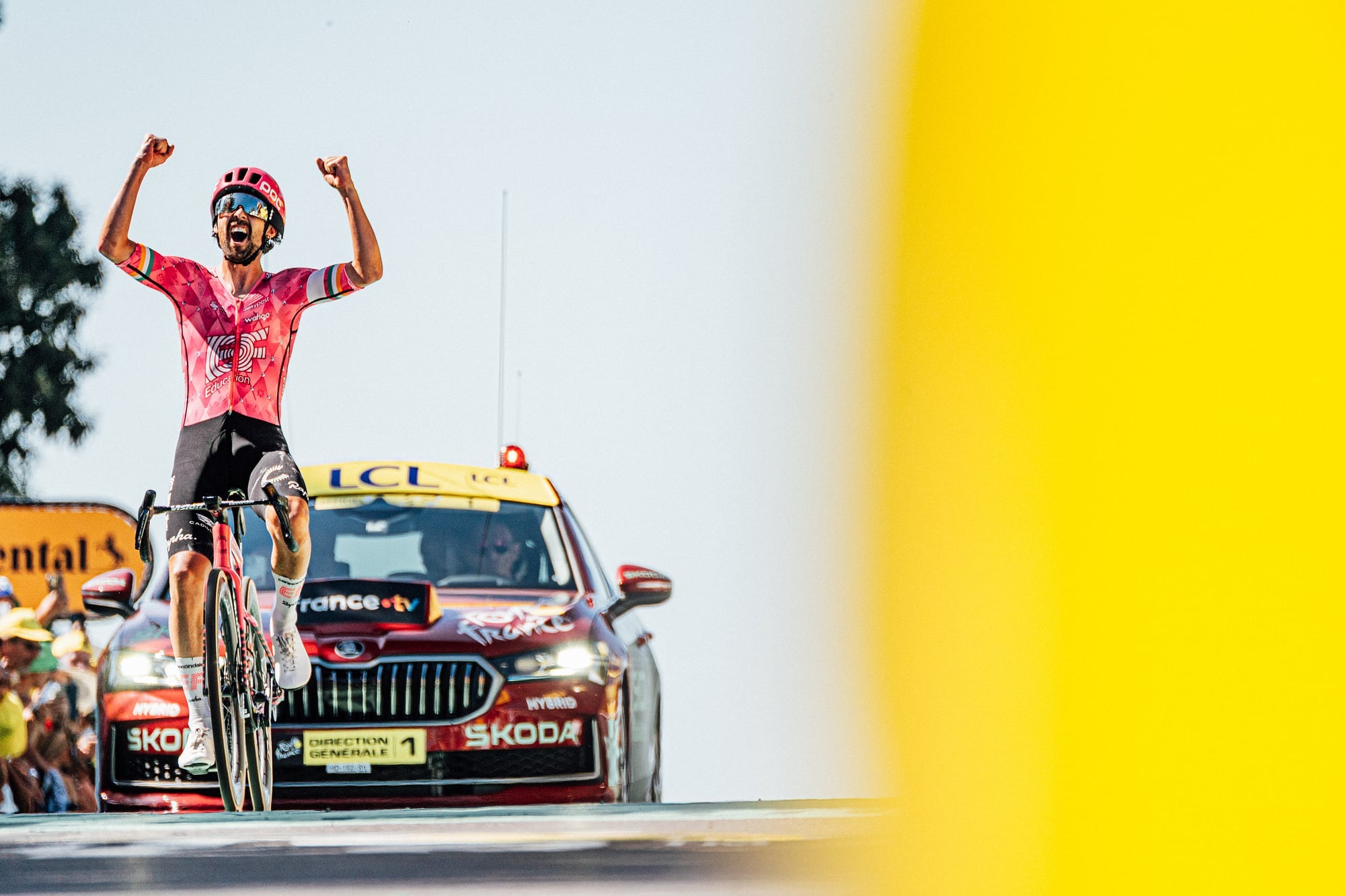 An EF Education-EasyPost rider celebrates a Tour de France stage win