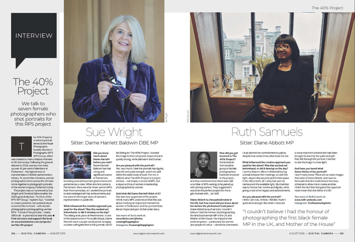 First two pages of the main interview in issue 310 (August 2026) of Digital Camera magazine &ndash; eight photographers who took portraits of female UK MPs for the RPS Women in Photography The 40% Project