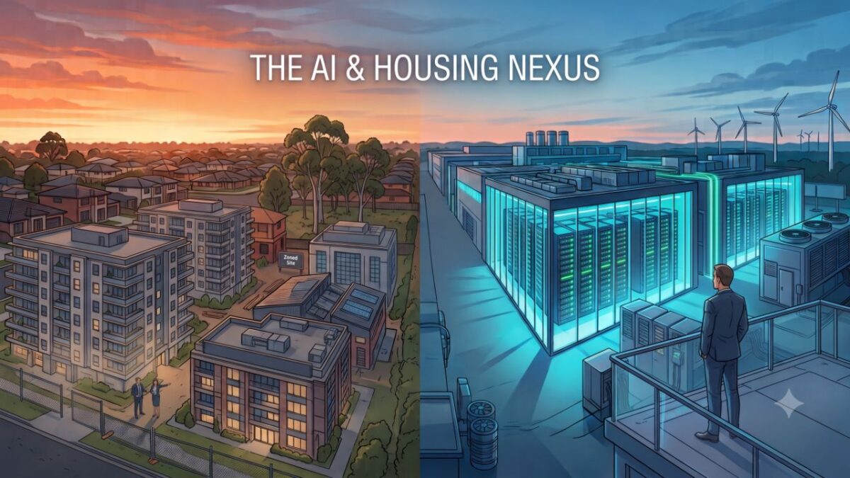 A tale of two sectors: Australia's rapid data centre expansion collides with a tightening housing construction market, redefining the future of institutional asset classes. Image: Gemini