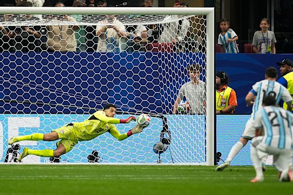 Argentina’s Lionel Messi fails to score from a penalty kick.