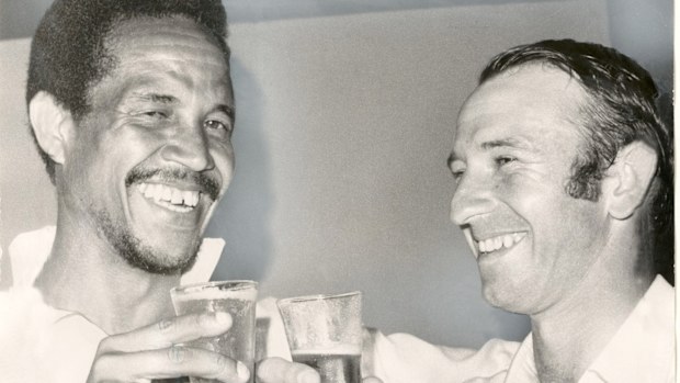 Garry Sobers and Doug Walters after a Test match at the MCG in 1972.