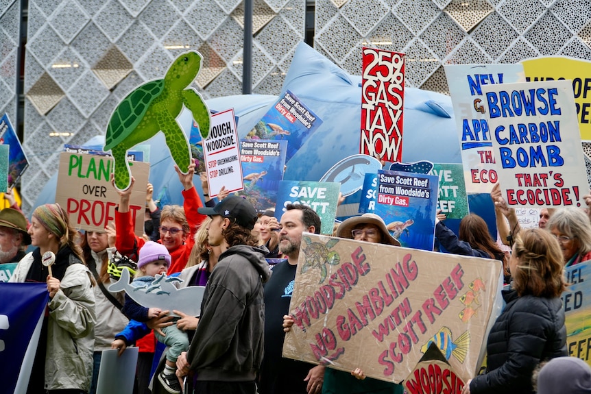 A wide shot of a crowd of protesters holding signs and placards during a rally outside Woodside Energy's AGM in Perth.