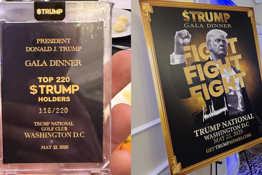 A composite image showing an access pass and sign for the Trump crypto gala dinner. Both are in black and gold.