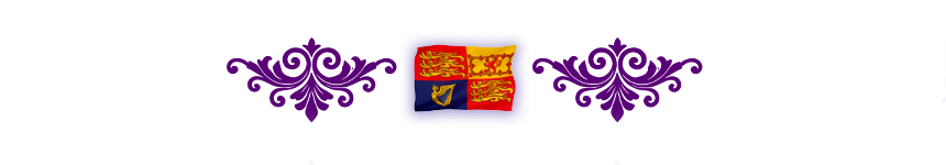 Image of the Royal Standard flag with filigree patterns either side