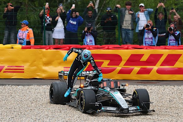 A devastated George Russell retired from the GP