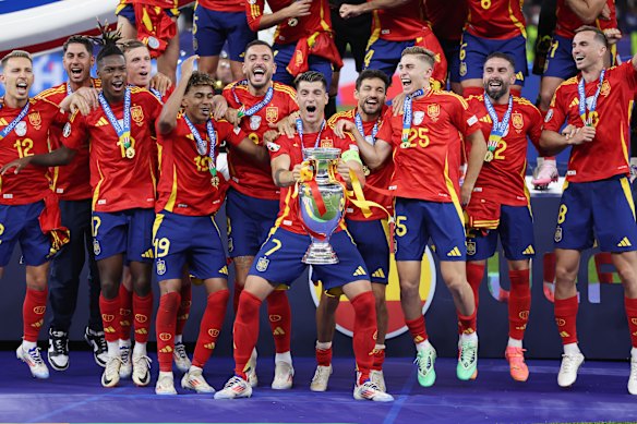 Spain celebrate winning the Euros in 2024.