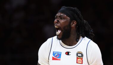 SYDNEY, AUSTRALIA - FEBRUARY 13: Montrezl Harrell of the 36ers celebrates during the NBL Play-In Qualifier match between Sydney Kings and Adelaide 36ers at Qudos Bank Arena, on February 13, 2025, in Sydney, Australia. (Photo by Matt King/Getty Images)