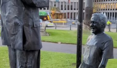 Prime Minister Anthony Albanese taunted by activists after lewd statue erected outside Victorian parliament
