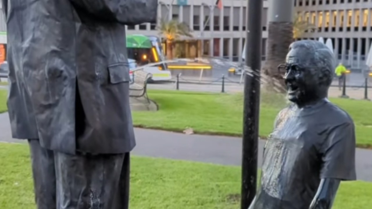 Prime Minister Anthony Albanese taunted by activists after lewd statue erected outside Victorian parliament