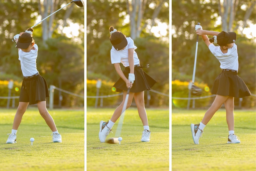 Three images showing the backswing, connection and follow through of a girl's golf drive.