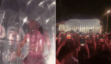Katy Perry gets stuck in a giant inflatable water bottle in crowd stunt gone wrong