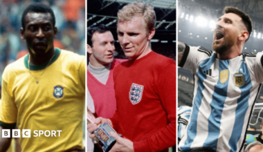 World Cup final graphic featuring Lionel Messi, Zinedine Zidane, Pele and England's victorious 1966 team