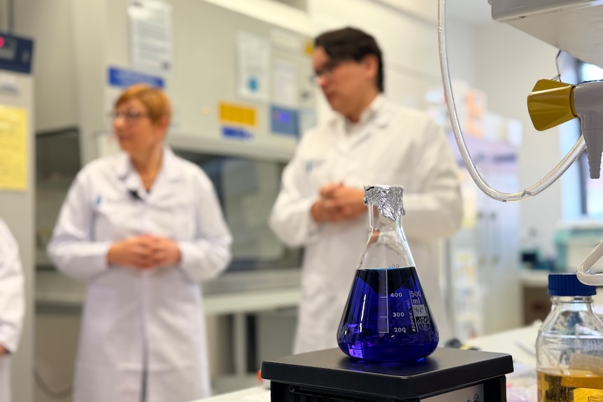 Blue liquid in bottle on a desk in a laboratory.