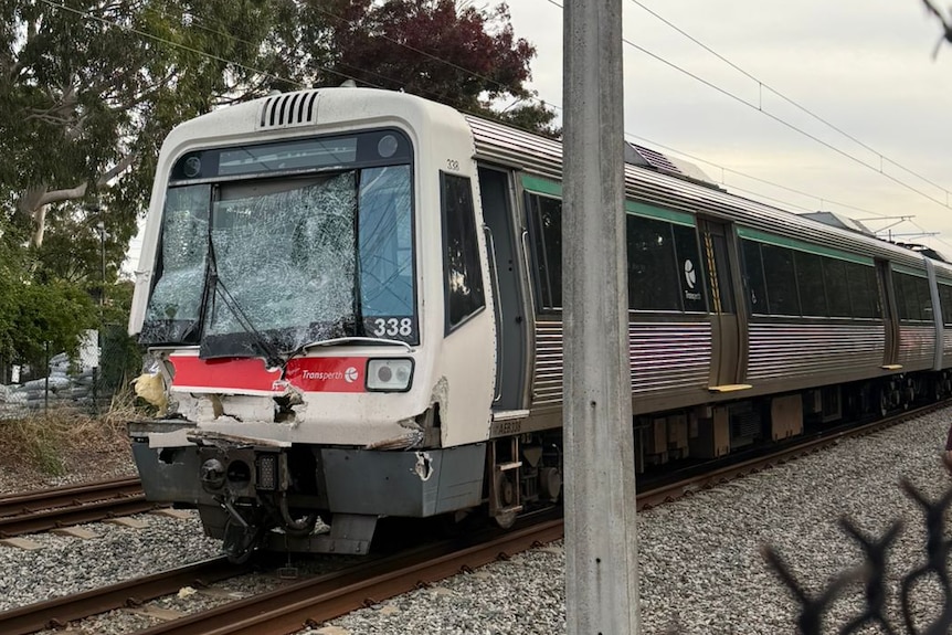 A smashed train on the tracks