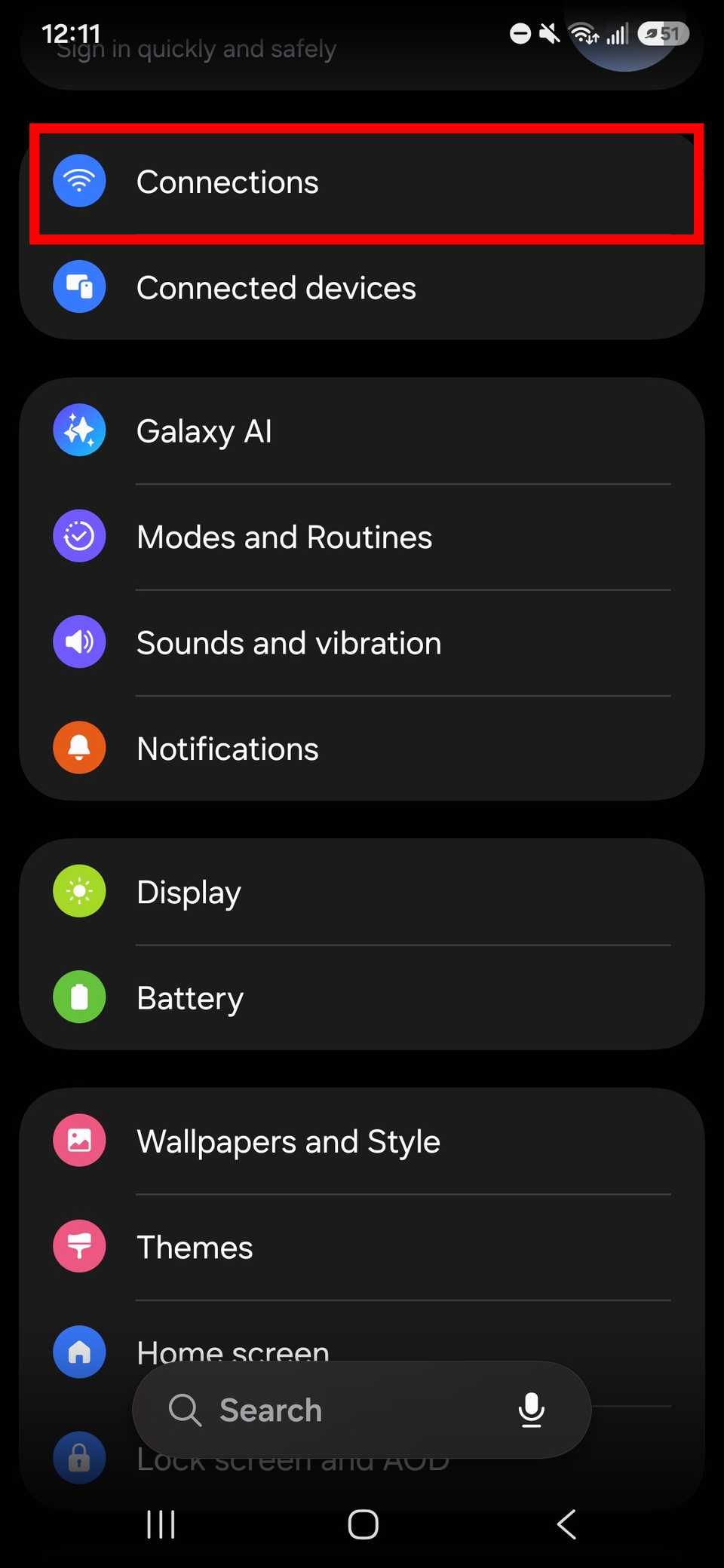 Red rectangle outline highlighting Connections in Samsung settings