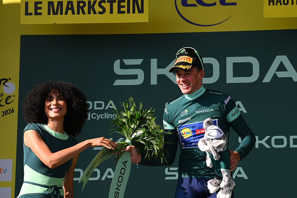 LE MARKSTEIN, FRANCE - JULY 18: Mads Pedersen of Denmark and Team Lidl - Trek celebrates at podium as Green Sprint Jersey winner during the 113th Tour de France 2026 - Stage 14 a 155.3km a 155.3km stage from Mulhouse to Le Markstein 1189m / #UCIWT / on July 18, 2026 in Le Markstein, France. (Photo by Tim de Waele/Getty Images)
