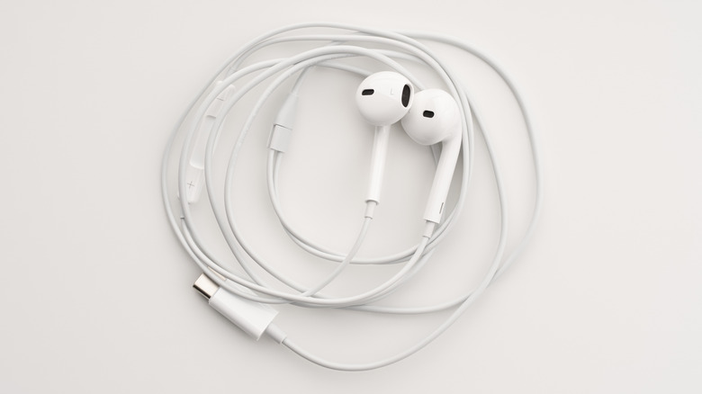 Apple EarPods with USB-C Plug coiled on a white background.