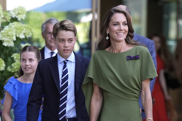 Catherine, Princess of Wales, Prince George and Princess Charlotte make their way to Center Court for the Gentlemen’s Singles final match between Jannik Sinner of Italy and Alexander Zverev of Germany on day fourteen of The Championships Wimbledon 2026 at All England Lawn Tennis and Croquet Club on July 12, 2026 in London, England.