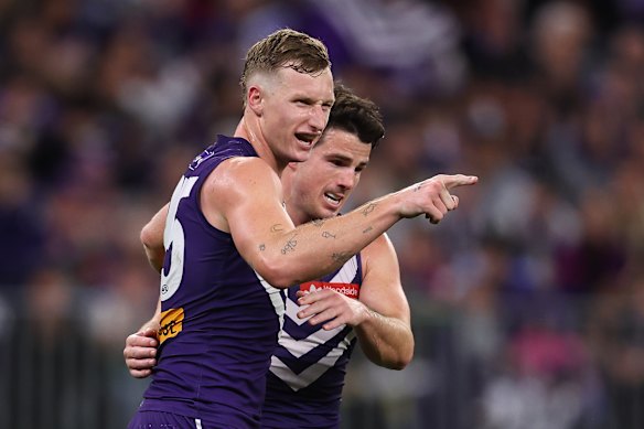 Josh Treacy celebrates a goal as Fremantle power past the Bulldogs on Friday.
