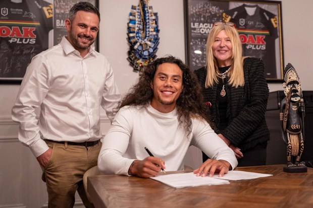 Chiefs general manager of football Michael Chammas, star signing Jarome Luai, and CEO Lorna McPherson.