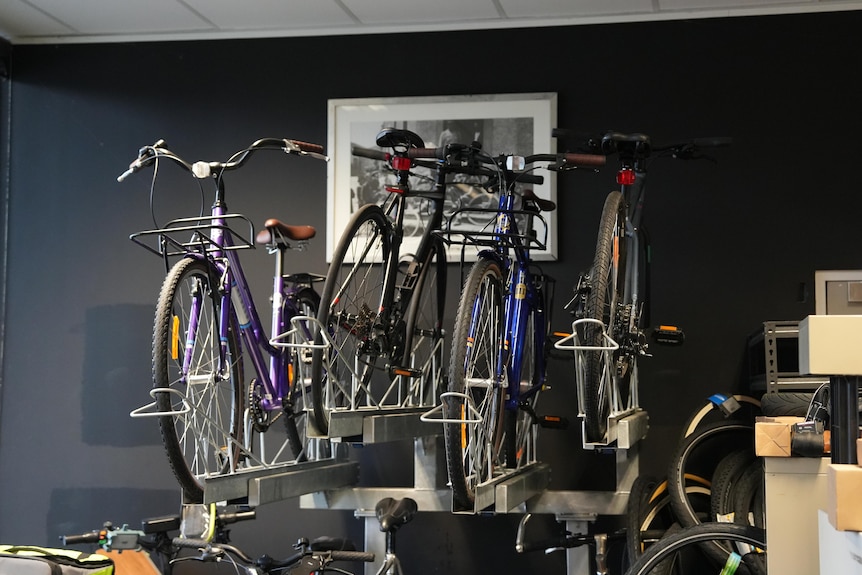 Bikes mounted on a wall.