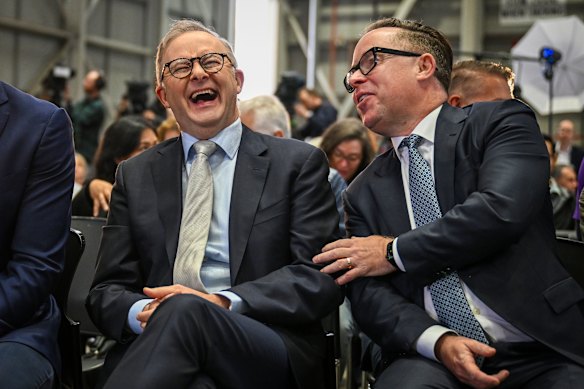 Prime Minister Anthony Albanese with former Qantas chief executive Alan Joyce in 2023.