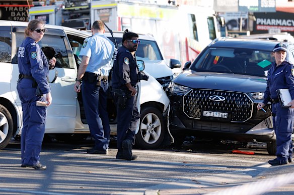 Police at the scene of the Lakemba crash in which two pedestrian were hit.