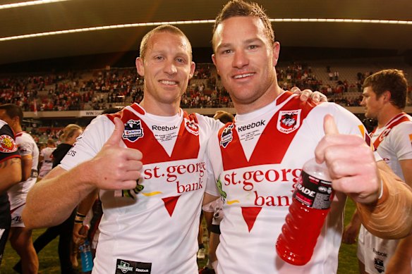 Ben Hornby (left) and Dean Young pictured together after their final game for the Dragons in 2012.