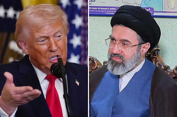 Mojtaba Khamenei (right), who was last seen before the war began, called US President Donald Trump’s (left) signature “worthless” in a statement given to Iranian state TV.