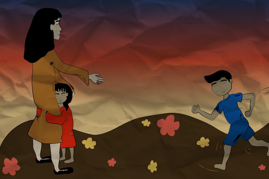 Illustration of young boy running to his mother, who is being hugged by daughter.