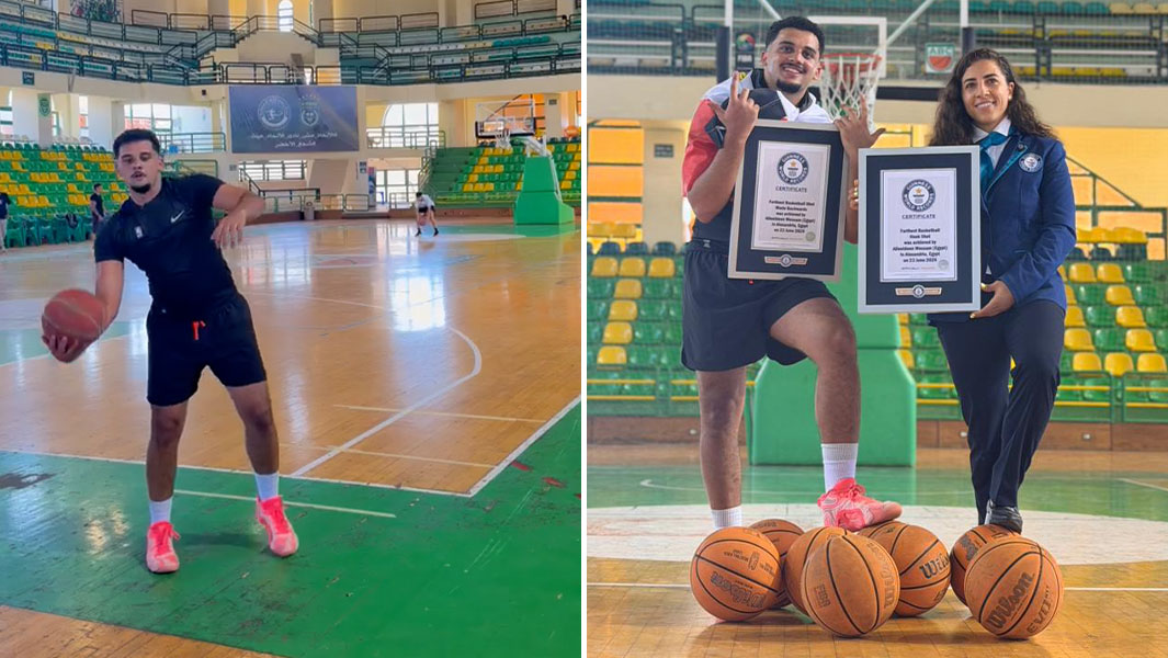split image of Alie making a shot and posing with his GWR certificates and an Adjudicator