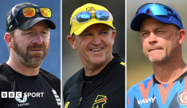A split graphic of Richard Dawson (left), Andy Flower (centre) and Jonathan Trott (right), all wearing training shirts and with sunglasses resting above the brim of baseball caps