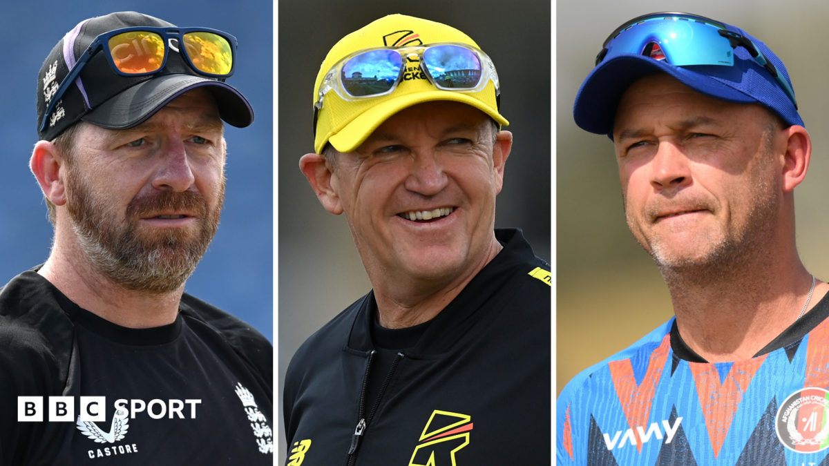 A split graphic of Richard Dawson (left), Andy Flower (centre) and Jonathan Trott (right), all wearing training shirts and with sunglasses resting above the brim of baseball caps