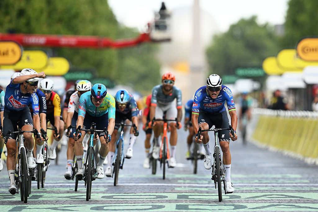 Mathieu van der Poel of the Netherlands and Team Alpecin-Premier Tech reacts at the finish line as stage winner during the 113th Tour de France 2026.
