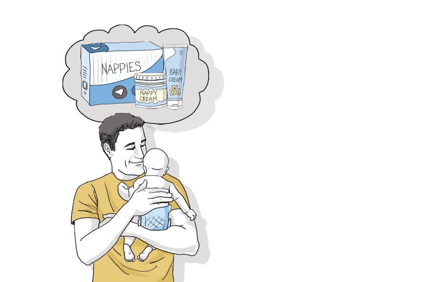A smiling man in beige holding a baby, a box of nappies drawn in a cloud behind.