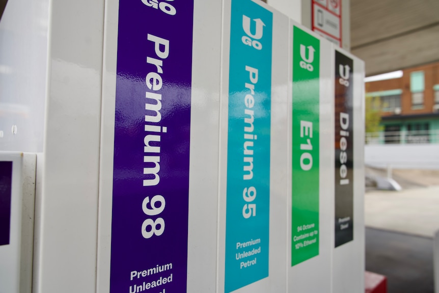 Close up of BP petrol station fuel names, Premium 98, Premium 95, E10, Diesel.
