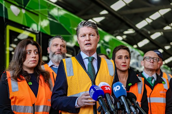 Ben Carroll with Labor candidate for Essendon Katerine Theodosis (left) and Deputy Premier Gabrielle Williams,