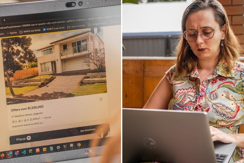 A composite image of a woman looking at a computer, and a computer screen showing a house for sale