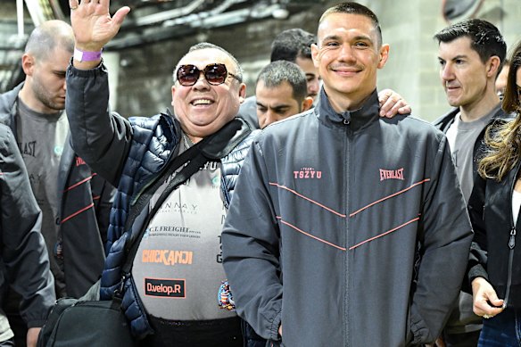 Tim Tsszyu arrives at the venue with his grandfather, Boris.