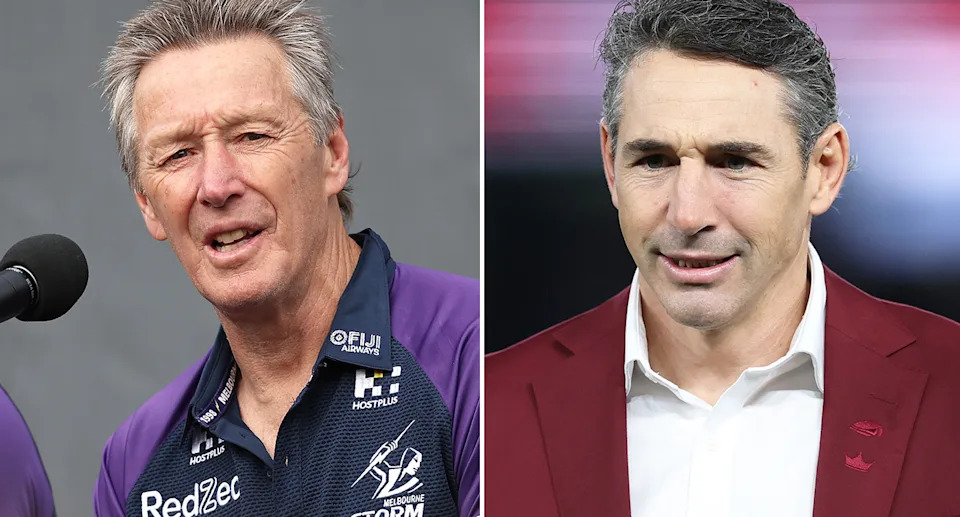 Maroons coach Billy Slater (R) is viewed as the most likely successor to veteran Storm mentor Craig Bellamy (L) at the NRL club. Pic: Getty 